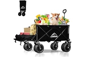 AMNOW Collapsible Beach Wagon Cart with Big Wheels, 440LBS Upgrade Large Capacity Folding Wagon, Foldable Grocery Wagon with Side Pocket and Brakes, Ideal for Sand Camping Outdoor Garden Sports, Black