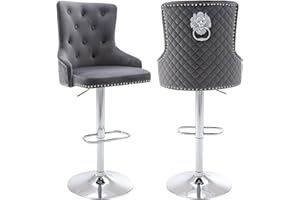ABET Bar Stools Set of 2, Counter Height Adjustable Velvet Swivel Barstools with Footrest, Soft Cushion Upholstered High-Back Diamond Pattern Tufted Accent Lion Head Ring Chrome Nailhead Trim, Grey