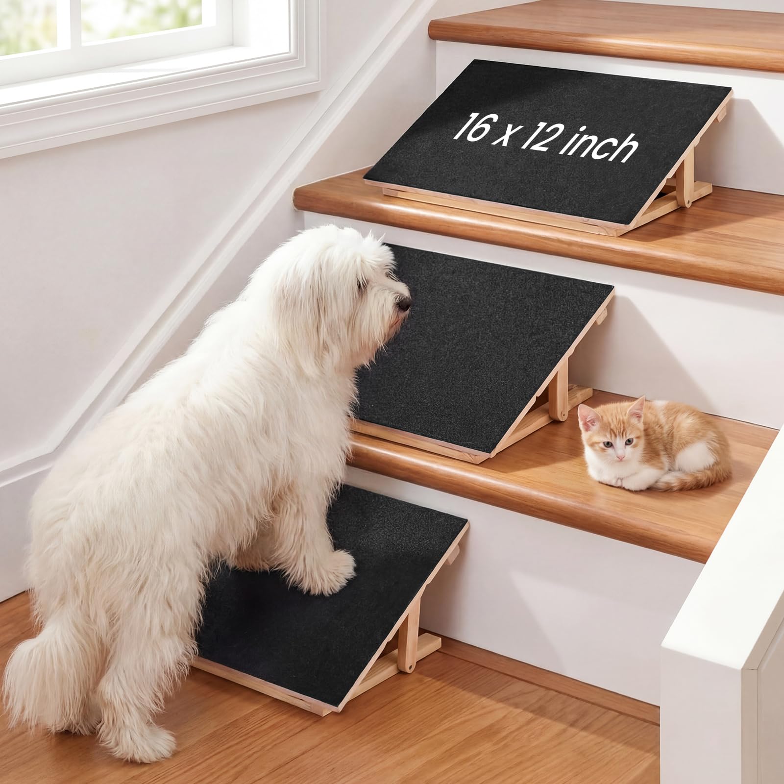 Photo 1 of Novabright 3 Pack Adjustable Dog Ramp for Stairs Extra Wide Wooden High Traction Walking Surface Nonslip Stairs for Small to Large Dogs Cat Foldable Pet Ramps for Injured Older Pet (No Installation)