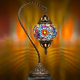 Marrakech Turkish Mosaic Lamp Stained Glass Table Lamp with Tiffany Style | Handmade Moroccan Table Lamp with Swan Neck, Decorative Accent Vintage Lamp for Living Room Bedroom Including LED Bulb