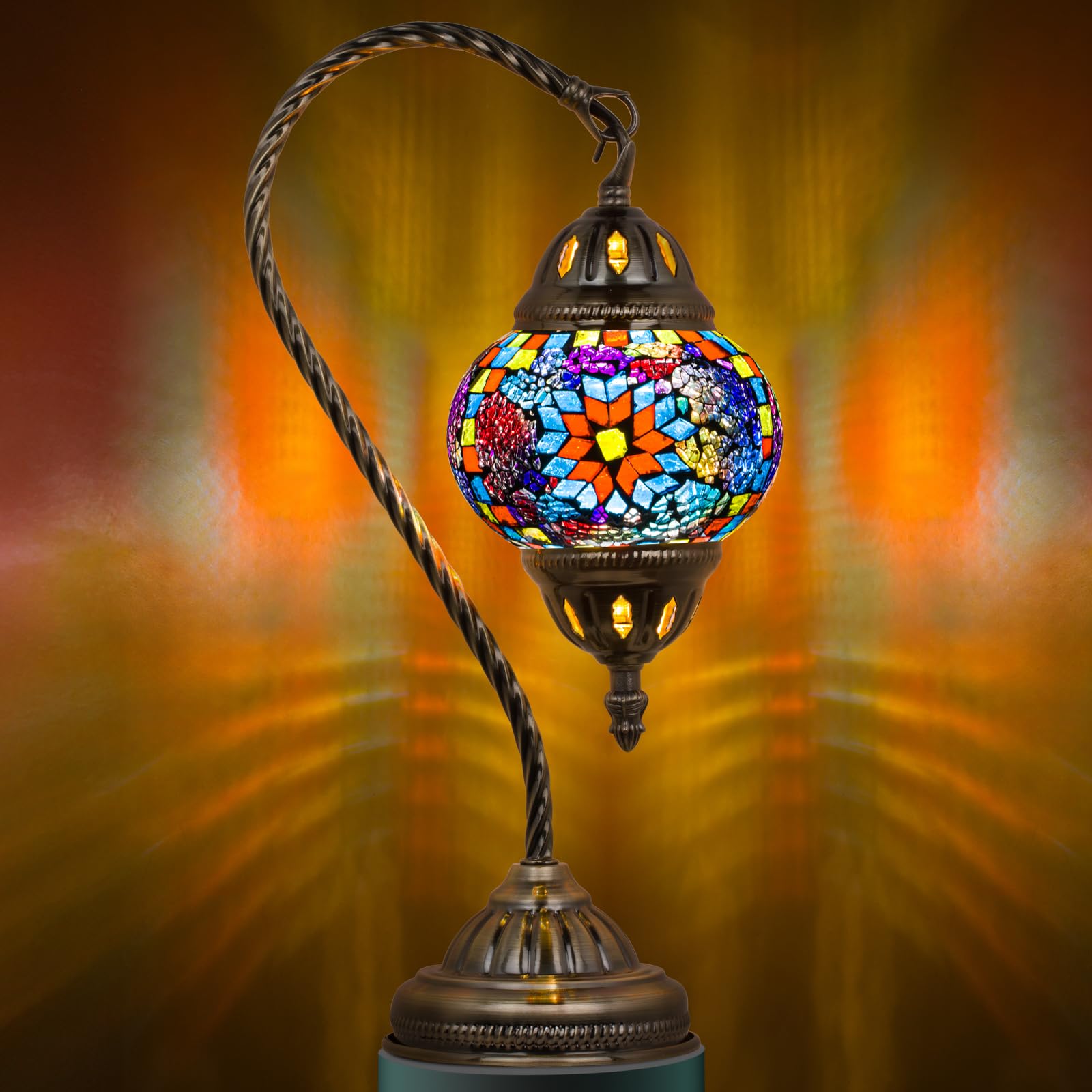Photo 1 of (missing pieces)Marrakech Turkish Lamp Moroccan Lamp Mosaic Glass Table Lamp, Handmade Turkish Mosaic Light with Swan Neck Bronze Base 