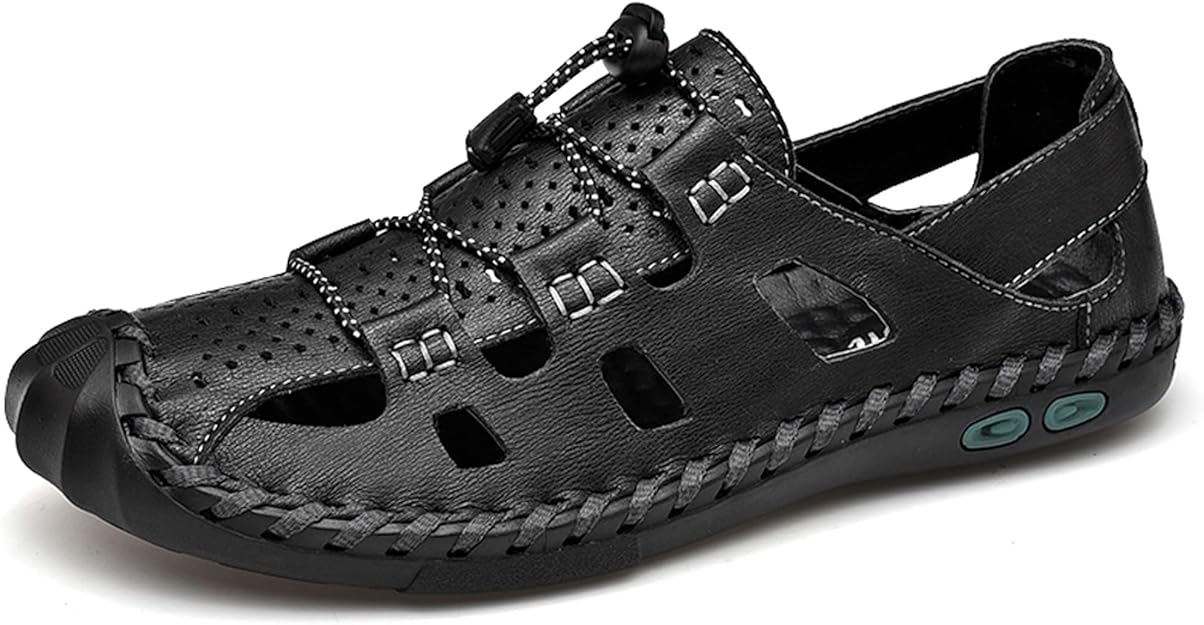 ZHShiny Mens Closed Toe Sandals Leather Casual Outdoor Fisherman