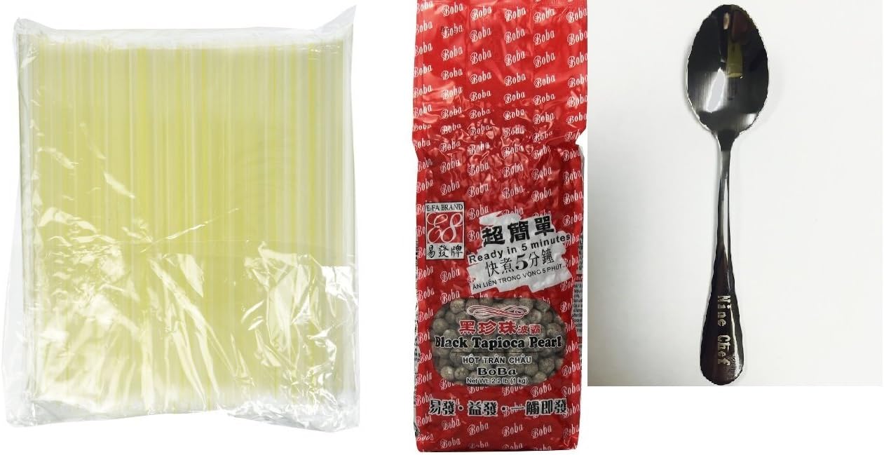 1 X 40 Big Fat Bubble Tea Straws + 1 X BLACK BUBBLE TEA BOBA TAPIOCA PEARL 2.2LB + One NineChef Spoon