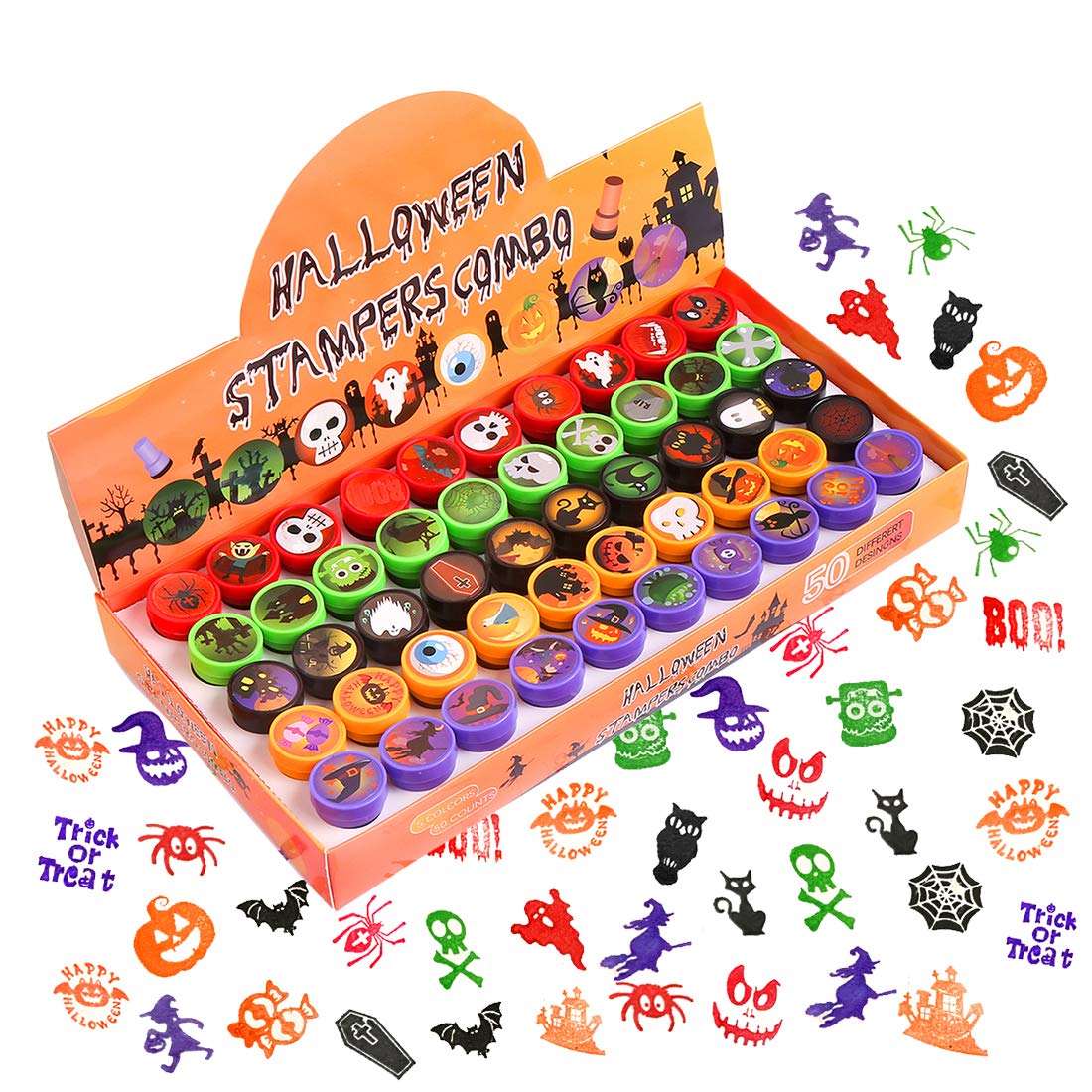 VEYLIN Halloween Stamps for Kids, Assorted 50 Washable Plastic Self-Ink Stampers for Crafting Holiday Party Favors Bag Fillers