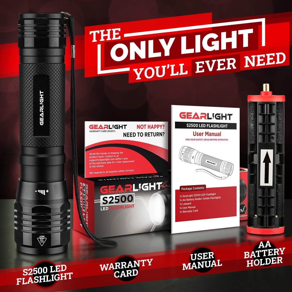 GearLight High Lumens LED Flashlight S2500 - Powerful Patented 1500 Lumen Flashlights, Brightest Tactical Flash Light, Super Bright Camping Accessories and Gear - - 