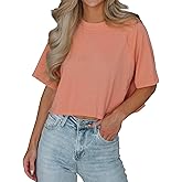 Tankaneo Womens Casual Half Sleeve Cropped T-Shirts Summer Crop Tops Solid Color Round Neck Basic Crop Tees