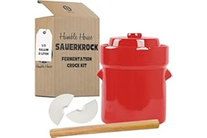 1/2 Gallon Ceramic Sauerkraut Fermentation Crock With Lid, Glazed Weights, & Pounder Humble House Sauerkrock 2 Liter Red Fermenting Crock Jar Kit For Pickling Cabbage, Kimchi, Pickles, Vegetables