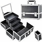 Joligrace Makeup Train Case Makeup Case 3-Tray Cosmetic Box with Mirror, Shine Black, 11.8-in Large Makeup Box with Detachable Brush Holder, Lockable Portable Makeup Travel Organizer Case