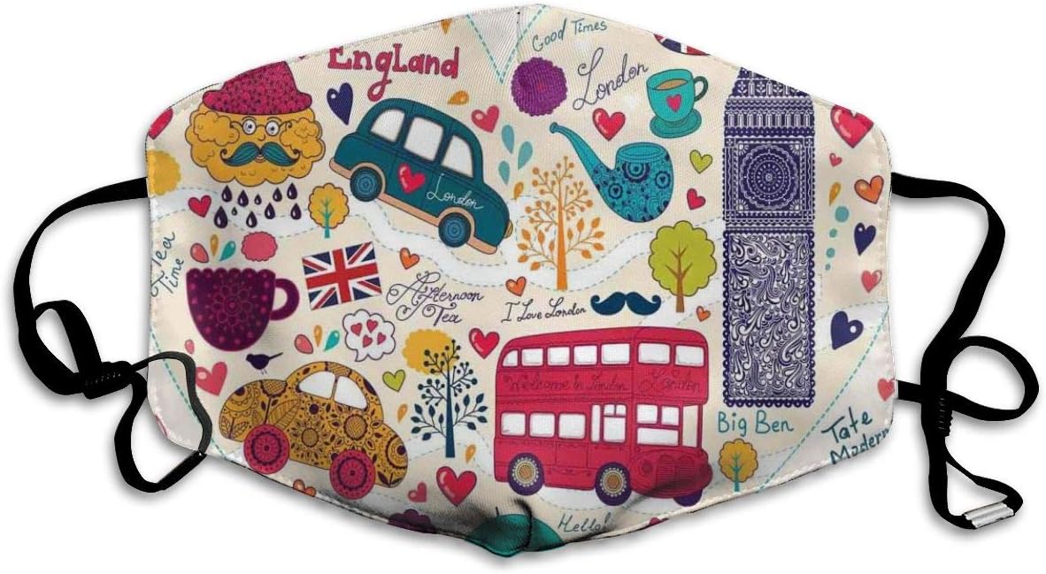 Face Mask,Colorful Symbols Red Bus Big Ben Tea Umbrella Hat Retro Black Cabin in A Heart Print,Washable Reusable Breathable Adjustable Windproof Mouth-Muffle