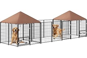 PawHut Outdoor Dog Kennel with Two Rooms, Dog Run Outdoor with Rotating and Adjustable Height Bowls, Waterproof UV-Resistant 