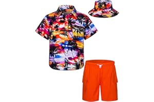 MOHEZ Boys Hawaiian Shirt and Short Set Summer Outfit Kids 2 Piece Clothes Set With Bucket Hat