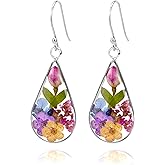 925 Sterling Silver Pressed Flower Teardrop Earrings,Hypoallergenic Women's Jewelry Gift for Mom and Wife,Handmade Natural Dried Flower Teardrop Earrings Jewelry Gift