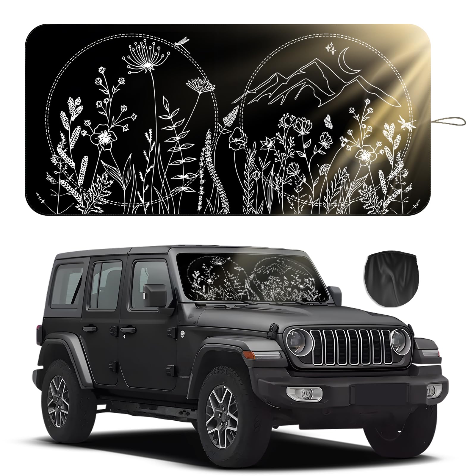 Photo 1 of Car Windshield Sun Shade, Large Size Pretty Print Design Foldable Auto Window Shades with Black Pouch for Blocks Uv Rays Sun Visor Protector, Cars Interior Accessories to Keep Your Vehicle Cool