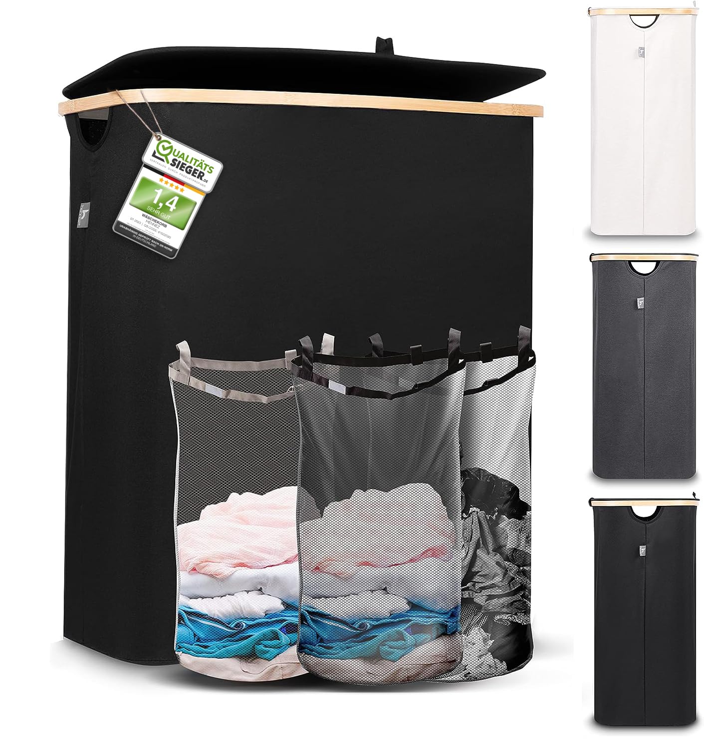 HENNEZ 150L Extra Large Laundry Basket 3 Compartments - Family Laundry Hamper Basket with Removable Bags - 3 Section Laundry Basket with Lid - Dirty Laundry Sorter for Laundry Bin