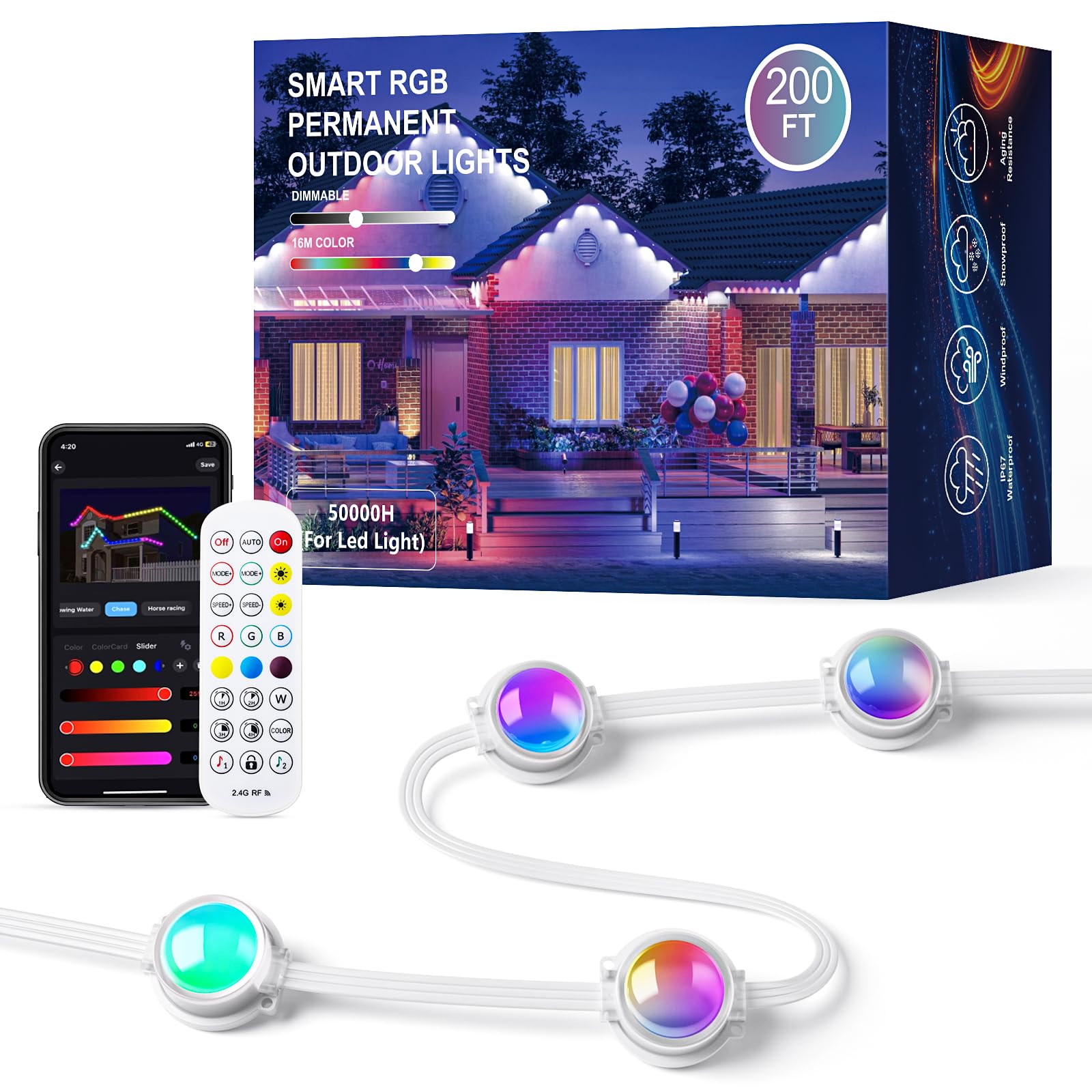 Photo 1 of Permanent Outdoor Lights for House, 200FT RGB+IC Smart Eave Lights with DIY Color, IP67 Waterproof, App & Remote Control, 72 Scene Modes, Outdoor Roof Lighting for Christmas, Holiday & Daily Decor