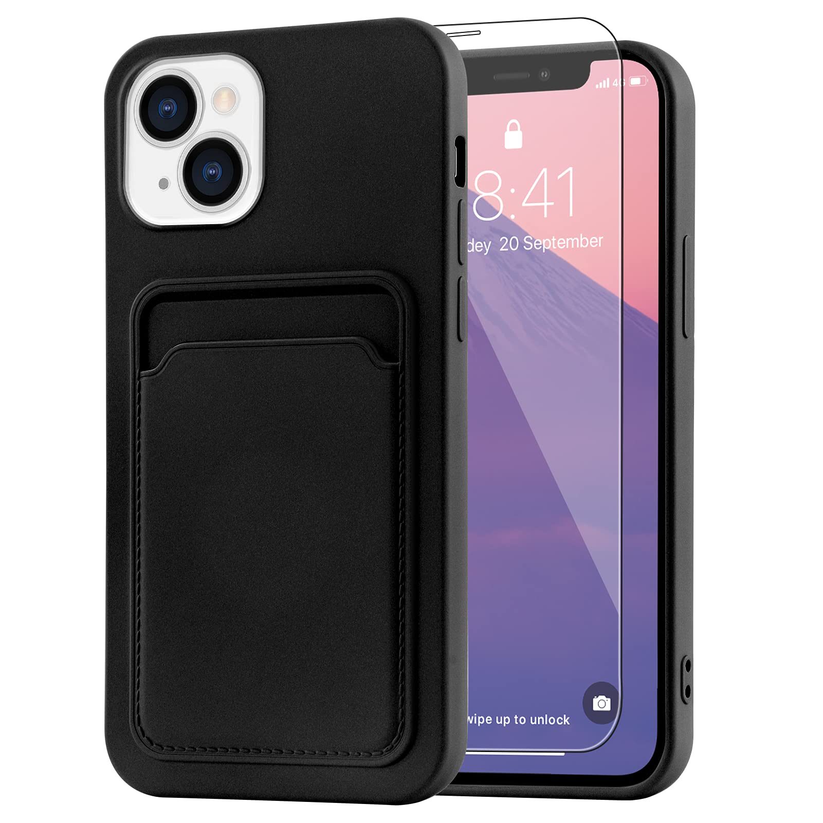 Photo 1 of MZELQ Compatible with iPhone 13 Case TPU Card Holder Wallet Cover,Camera Protection + Screen Protector Soft Card Slot Phone Case -Black