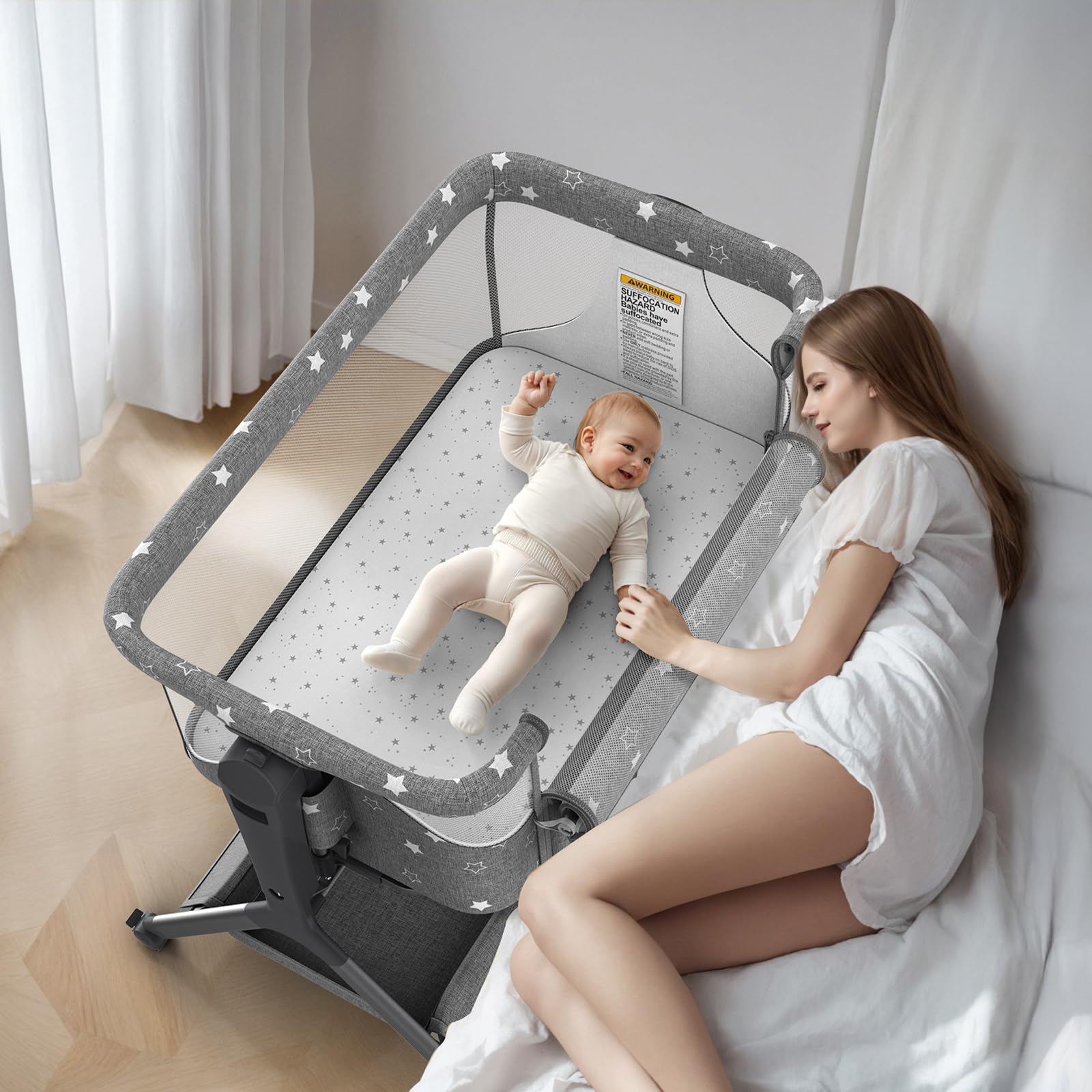 Photo 1 of **reference image**3 in 1 Baby Bassinet, Rocking Bassinet Bedside Sleeper with Comfy Mattress and Breathable Mesh, 6 Height Adjustable & Upgraded Wheels Portable Bedside Crib for Newborn