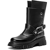 CouieCuies Half-boots Women Gothic Boots Black Motorcycle Ankle Boot Lug Sole Biker Boot Comfortable Chunky Thick Sole Buckles Combat Short Y2K Zipper