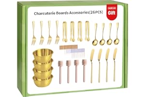 GUZE-US Gold Charcuterie Boards Accessories(26 PCS), Gift Box Packaging, With Ceramic Dip Bowls, Wooden Handle Cheese Spreader Butter Knive Set, Mini Tongs, Spoons, Forks,Honey Dipper, Cocktail Picks