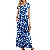 GRECERELLE Women Summer Casual Maxi Long Dress Short Sleeve Crew Neck with Pockets, Size S-3XL