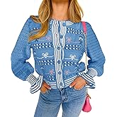Saodimallsu Womens Cropped Cardigan Striped Puff Ruffle Sleeve Cute Graphic Button Bow Knitted Sweater Outerwear