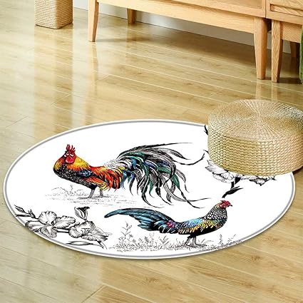 Amazon Com Round Area Rug Watercolor Pattern With Farm Roosters