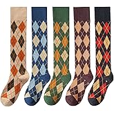 RosyClouds Womens Girls Knee High Socks Green Black Navy Blue Khaki Coffee Vintage Argyle Novelty Socks