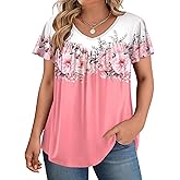 IN'VOLAND Plus Size Womens Ruffle Sleeve Tunic Tops V Neck Summer Shirts Floral Print Tops Dressy Blouse