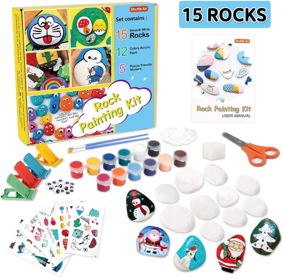 Rock Painting Kit, Rock Painting Supplies for Kids with 15 White Painting Rocks, 12 Colors Acrylic Paint, 20 Googly Eyes,5 Pieces Transfer Stickers,4 Glitter Glue, Great Gift for Boys Girls