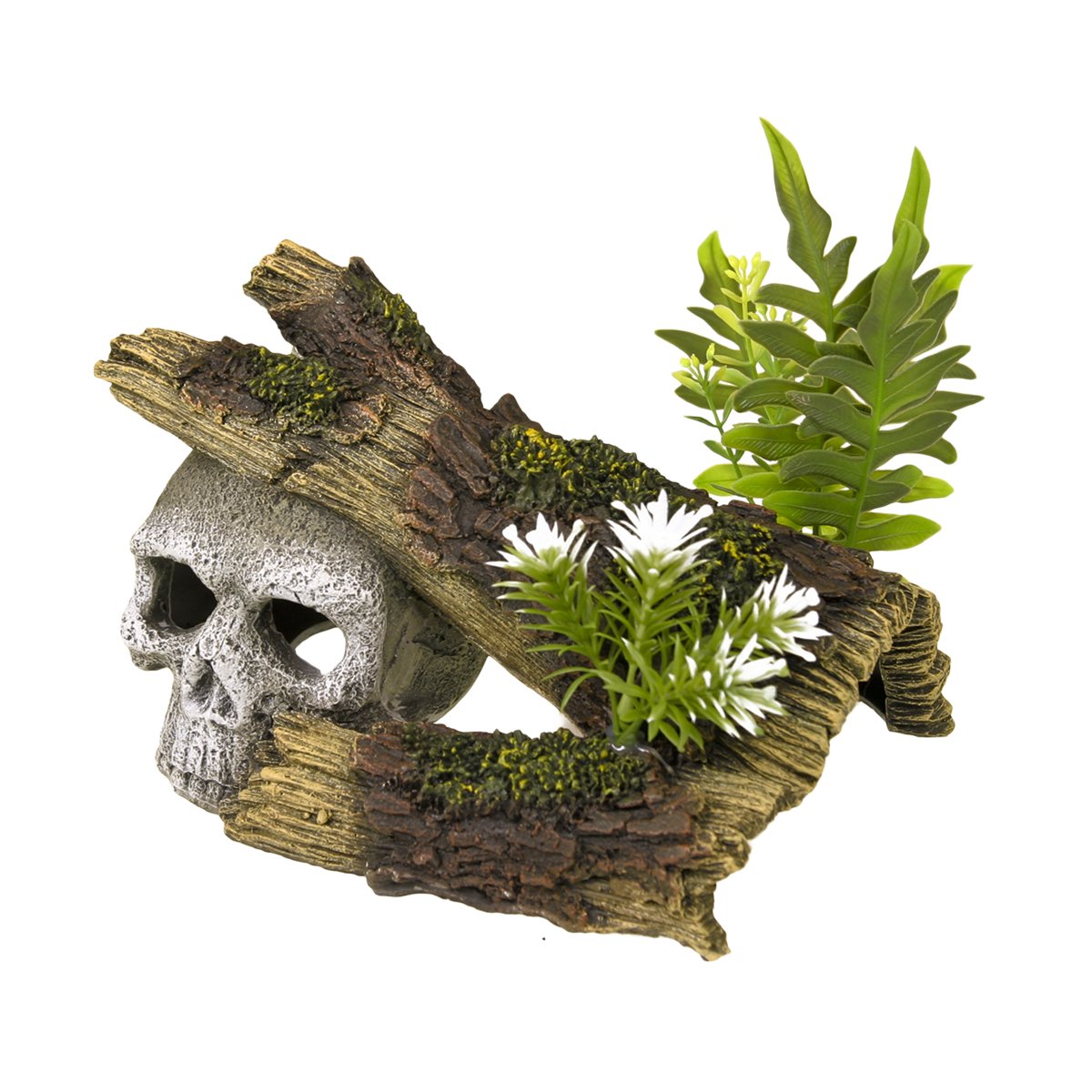 Blue Ribbon Rosewood Polyresin Skull Log with Plants Aquarium Ornament, Small