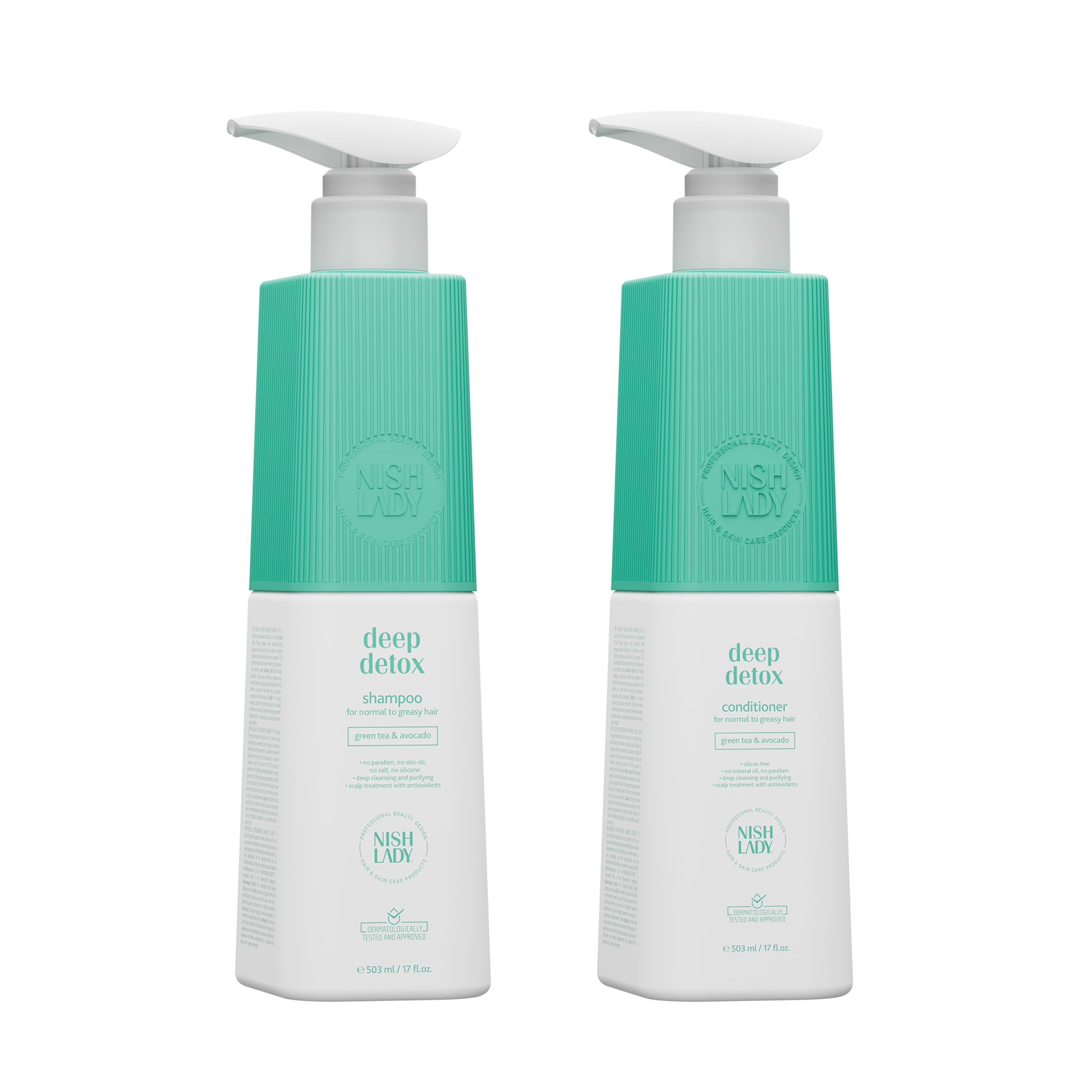 Nishlady Deep Detox Shampoo & Conditioner SET for Normal to Greasy Hair, 503 ml each | Green Tea & Avocado Extracts