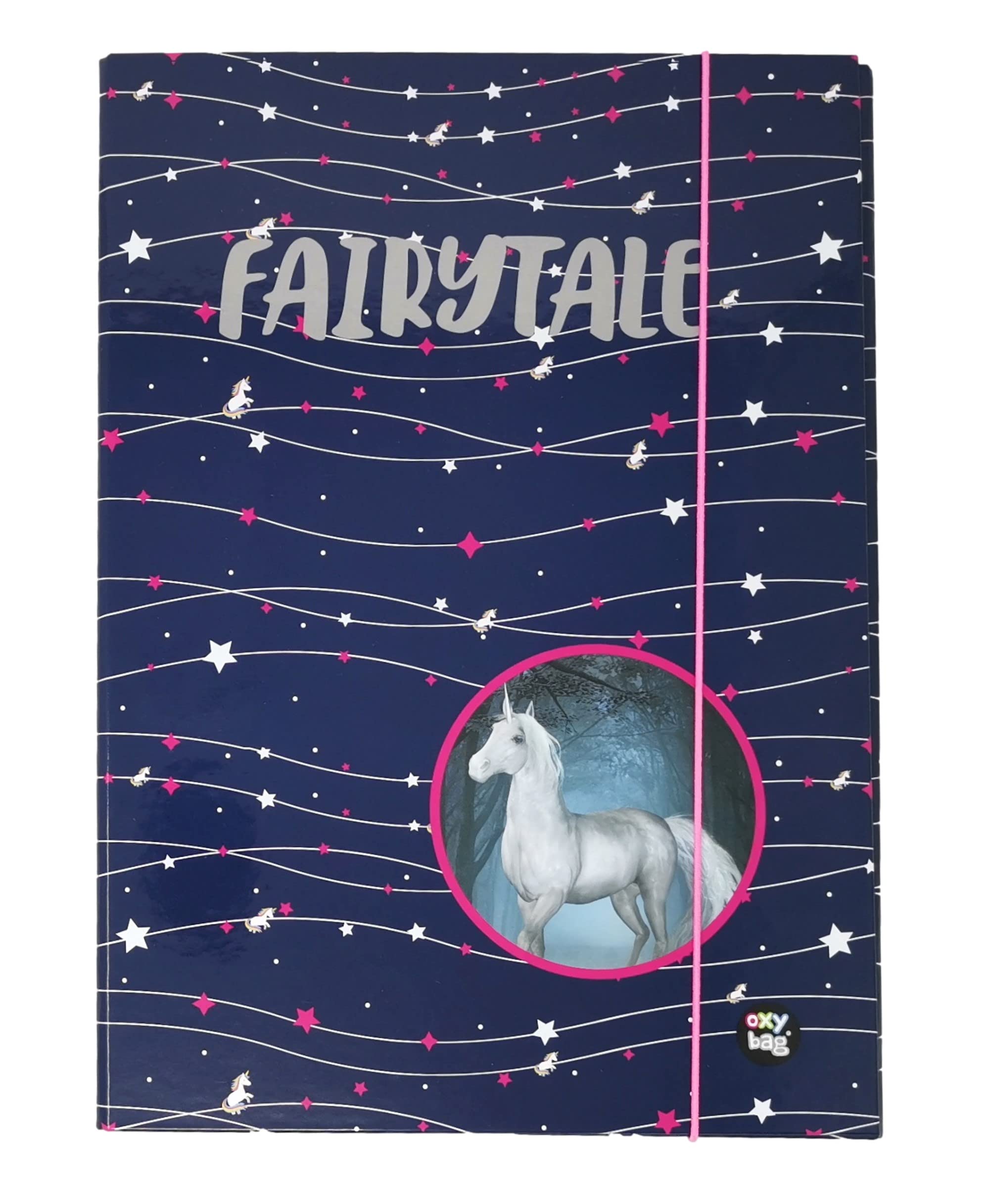 Sturdy Children's Box, File Box, Folder for School Bag, Dossier Folder with Elastic Strap and Inner Flaps DIN A4 for Girls (Unicorn Star)