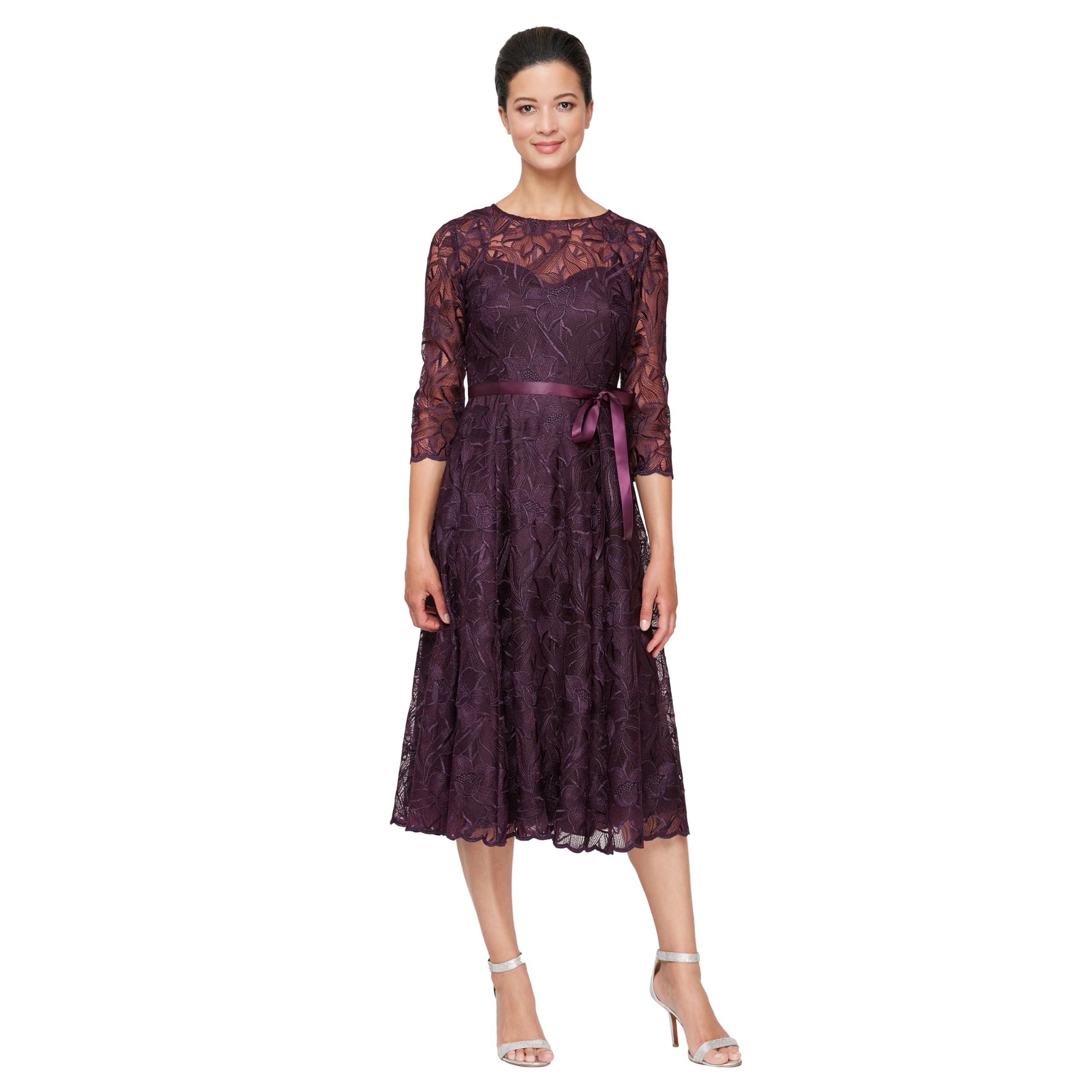 Alex Evenings Women’s Tea Length Embroidered Cocktail Dress with Illusion Sleeves, Wedding Guest (Petite and Regular Sizes), Eggplant, 18