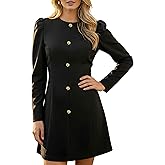 Women's Lantern Long Sleeve Mini Dress Elegant Button Decor Crew Neck Bodycon A-Line Formal Short Dresses