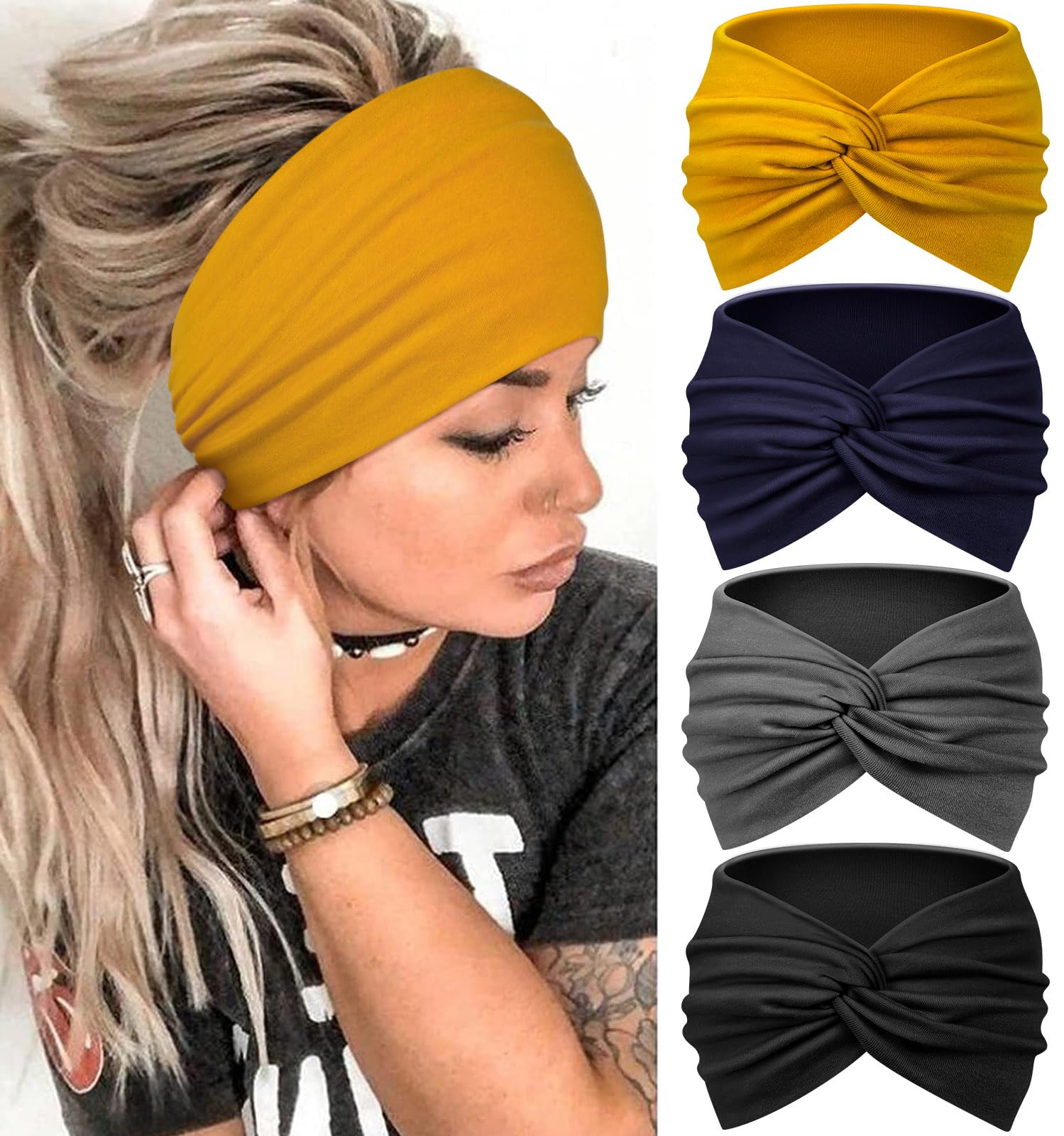Blooms Wide Headbands for Women's Hair, Soft Headband Elastic Head Bands Adult Women Knotted Hair Bands for Women Yoga Fashion Head Band Hair Accessories 4 Pcs — image 1