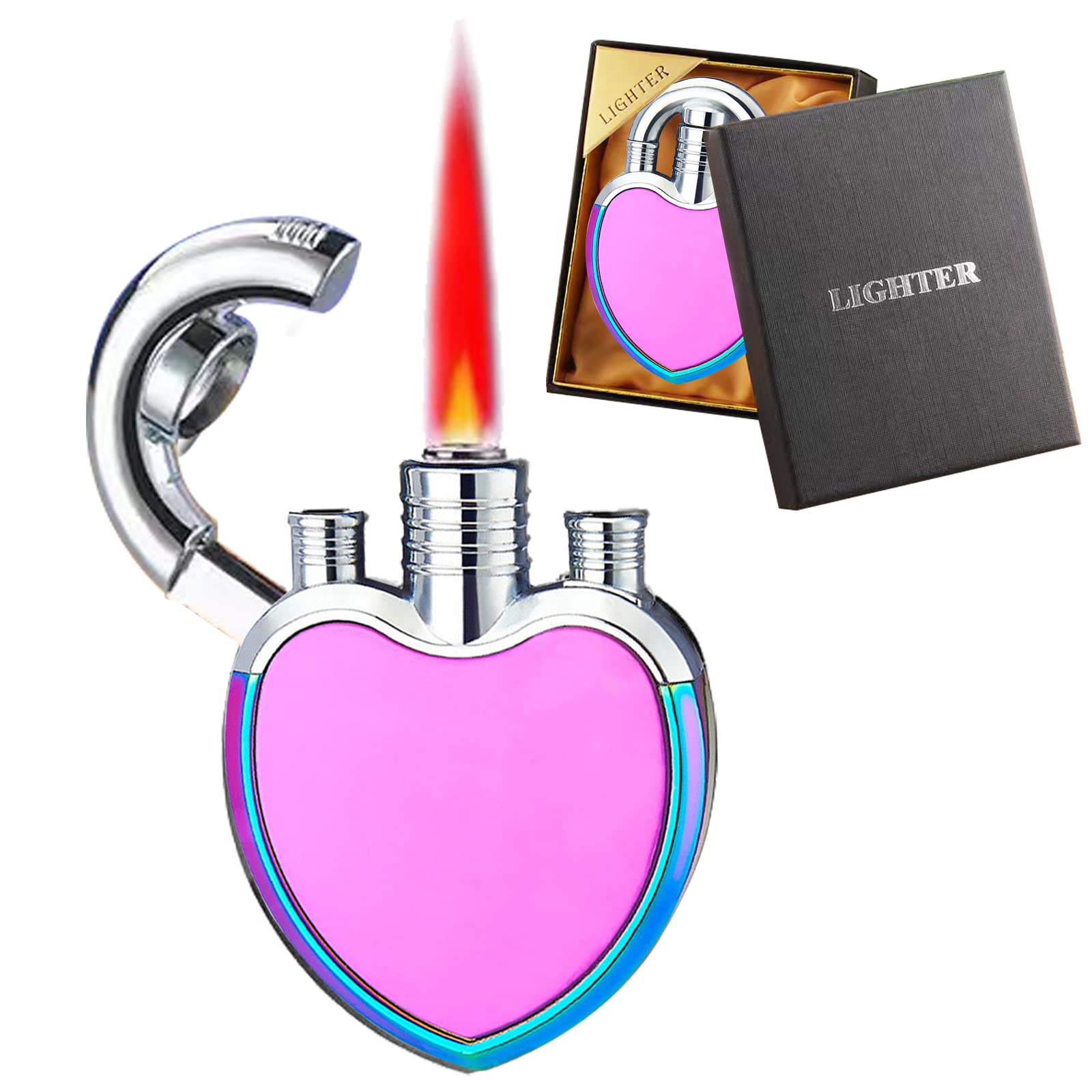 Photo 1 of Jet Torch Lighter, Jet Red Flame Windproof Gas Lighter Butane Lighter Refillable Butane Gas, Creative Love Lock Lighter Ice Surface Design Gifts for Birthday,Valentine's Day,Lover(Rainbow Ice)