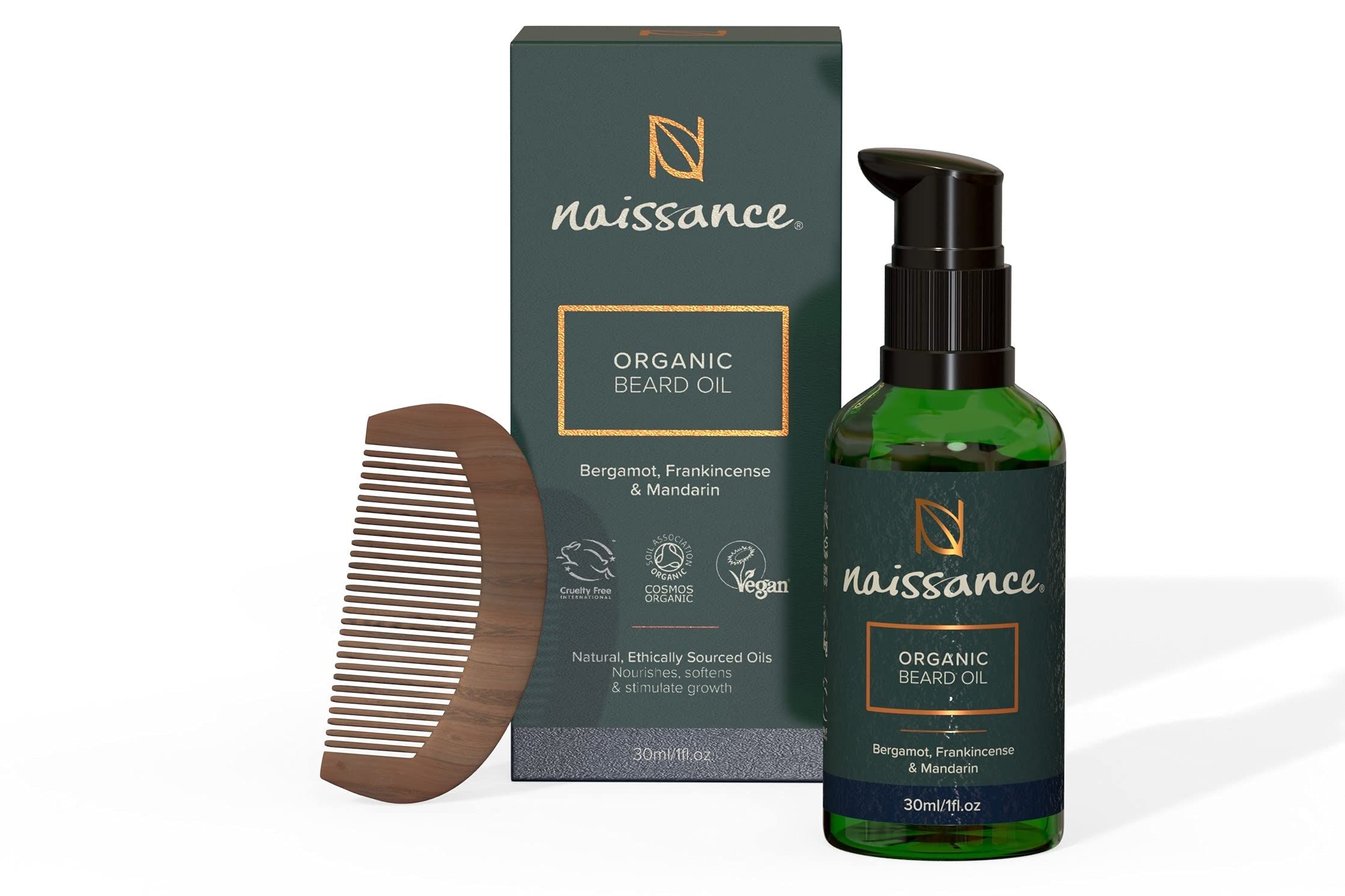 Naissance Organic Beard Oil & Wooden Comb Set For Men 30ml - Conditioning Grooming Kit Hair Growth Repair Dry Skin Natural Thickener Serum with Castor Argan & Jojoba Oil - Scented Travel Friendly