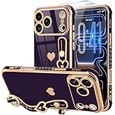 LLZ.COQUE Compatible with iPhone 17 Pro Case with Strap for Women Girls [2× Screen Protectors], Cute Love-Hearts Design, Wristband Kickstand Plating Edge Protective Phone Case (6.3") - Dark Purple