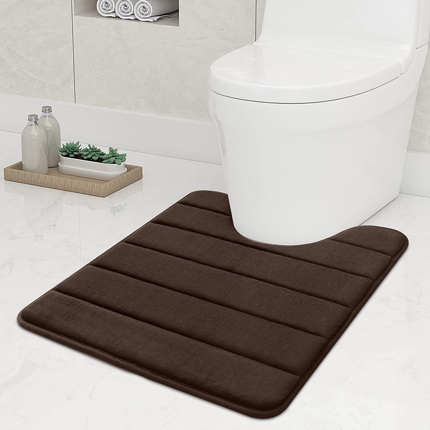 smiry Non-Slip Toilet Mat, Extra Soft U-Shape Pedestal Mat for Toilet, Ultra Absorbent Memory Foam Bathroom Toilet Mat for Floor, Machine-Washable Dry Pedestal Mat Only, 50 x 60 cm, Brown
