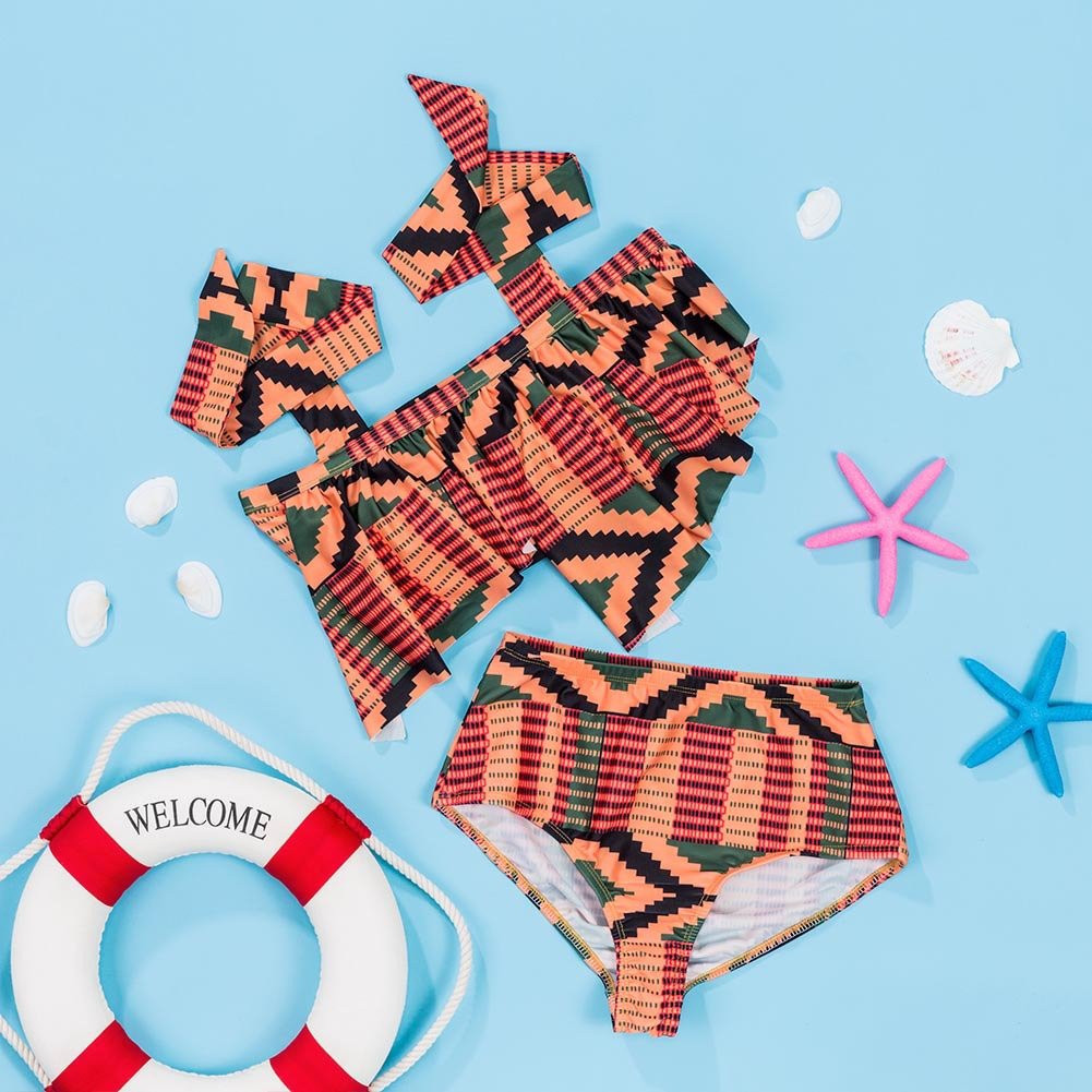 Mycherish Women Two Pieces African Print Halter Ruffle Swimsuit Rompers Outfit Small