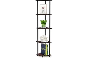 Furinno TURN-N-TUBE Corner Shelf, 5-Tier Corner Bookshelf, Open Storage Shelves, for Organization and Storage, Living Room, Home Office, Garage, Bedroom, Dark Cherry
