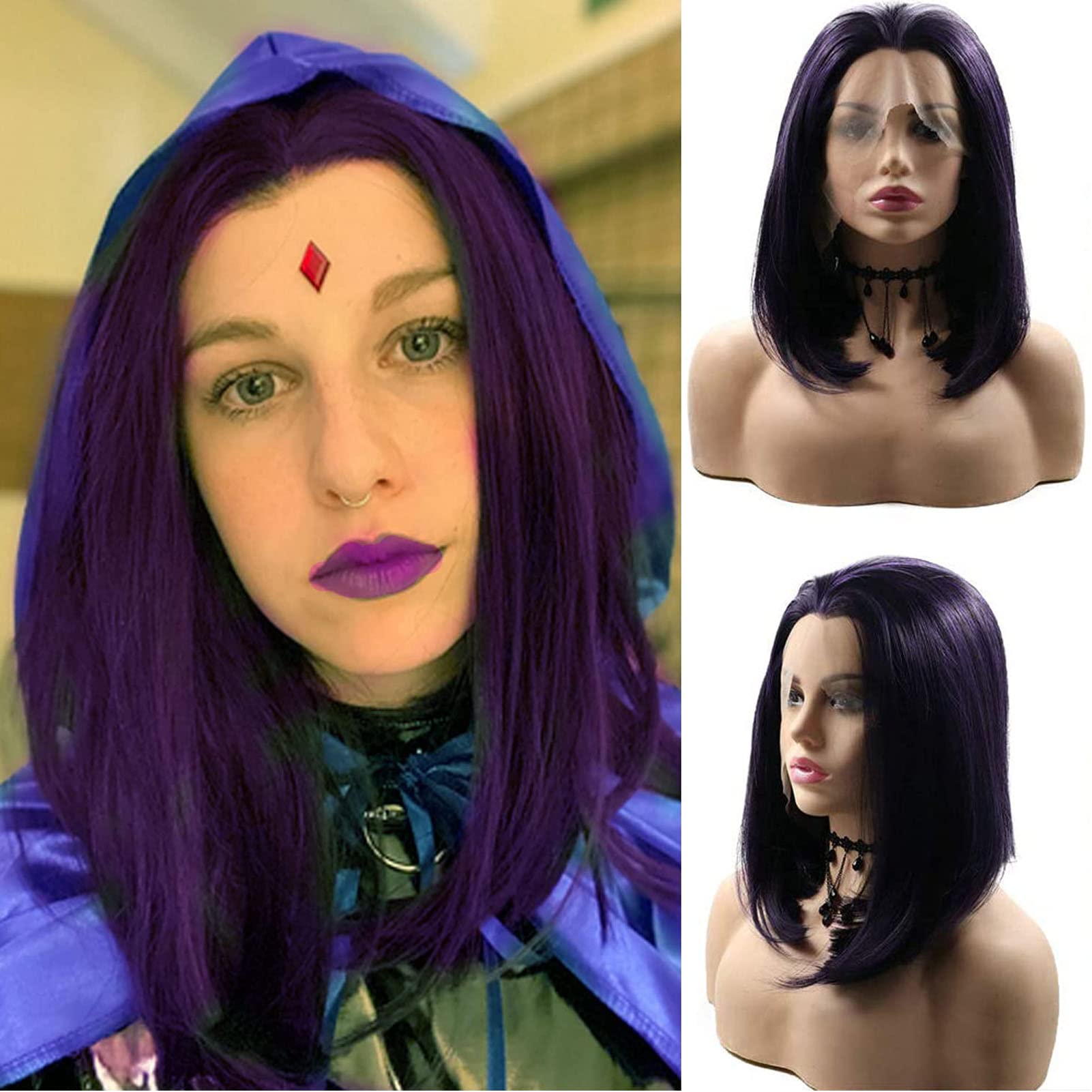 AFBeauty Purple Wig Short Bob Blend Purple Synthetic Lace Front Wig Glueless Lace Frontal Pre-Plucked Realistic Wigs Natural Hair Afro Wigs for Black Women Drag Queen Anime Cosplay Women 14 Inch