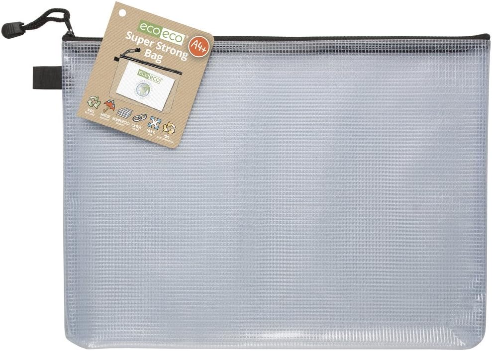 eco-eco A4+ 95% Recycled Super Strong Bag, Waterproof Mesh Tuff Bag, Reinforced, Black Zip Closure, eco039