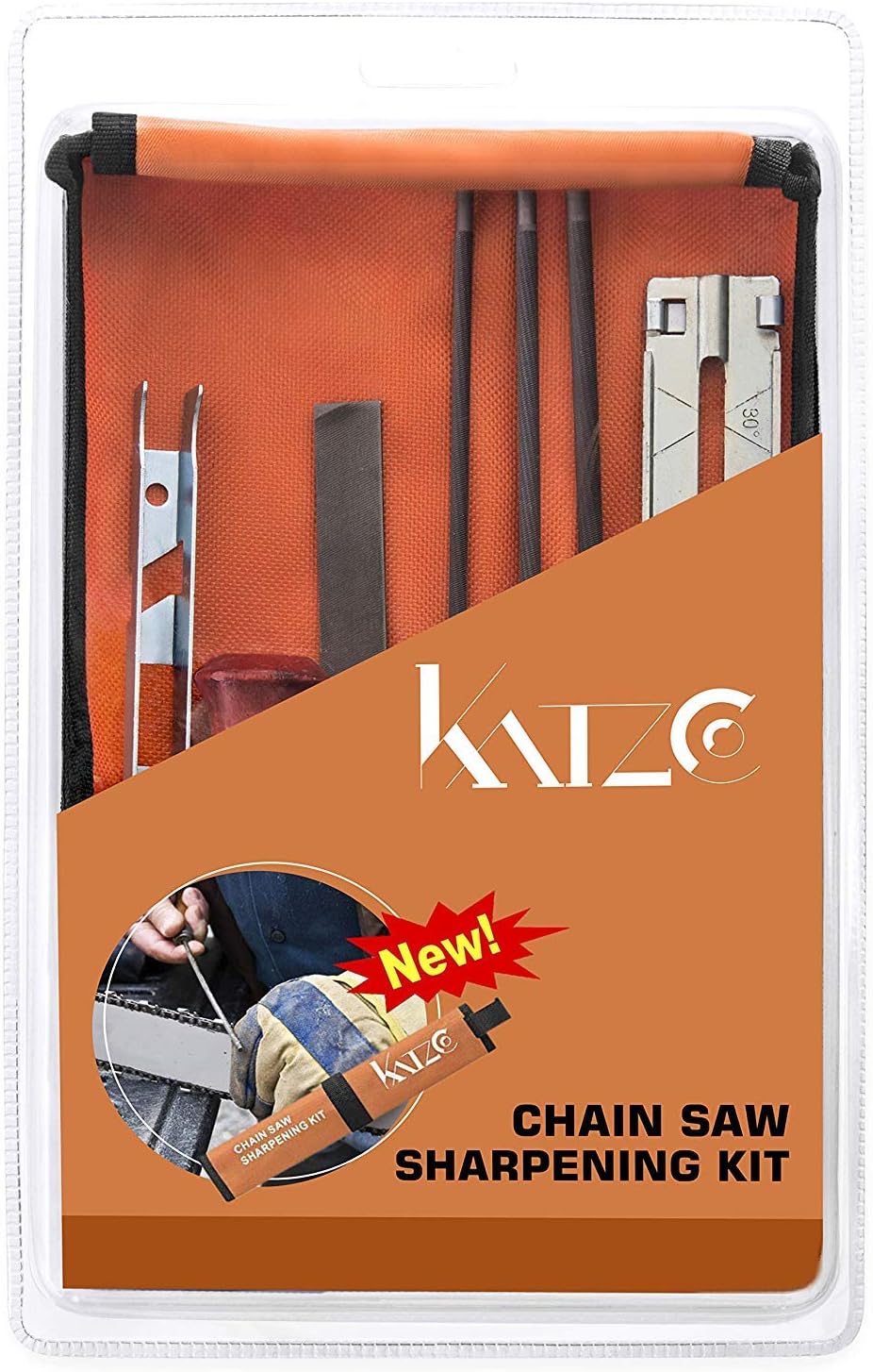 Katzco Chainsaw Sharpener File Kit - Contains 5/32, 3/16, and 7/32 Inch Files, Wood Handle, Depth Gauge, Filing Guide, and Tool Pouch - for Sharpening and Filing Chainsaws and Other Blades: Garden & Outdoor