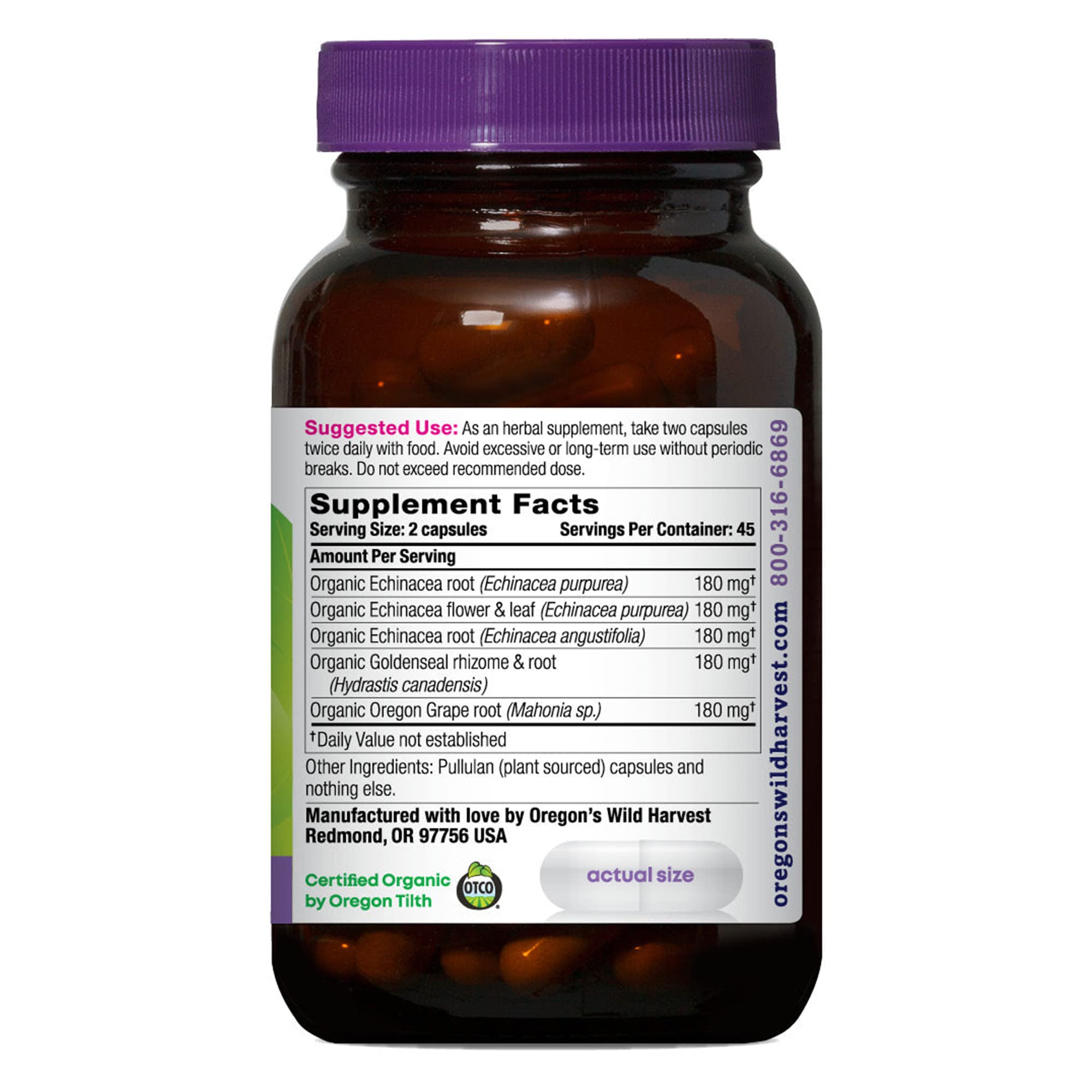 Oregon's Wild Harvest Echinacea Goldenseal Organic Capsules | Vegan, Non-GMO, Gluten Free, Immune Support*, 90 Count
