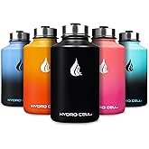 HYDRO CELL Stainless Steel Insulated Water Bottle with Straw - For Cold & Hot Drinks - Metal Vacuum Flask with Screw Cap and Modern Leakproof Sport Thermos for Adults (Black 64oz)
