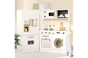 Kinder King Wooden Kids Play Kitchen, Toy Kitchen Playset for Toddler, Play Kitchen Set w/Transparent Coloring Board, Pretend Fridge, Washing Machine, Ice Maker, Gift for Boys Girls Age 3+, White