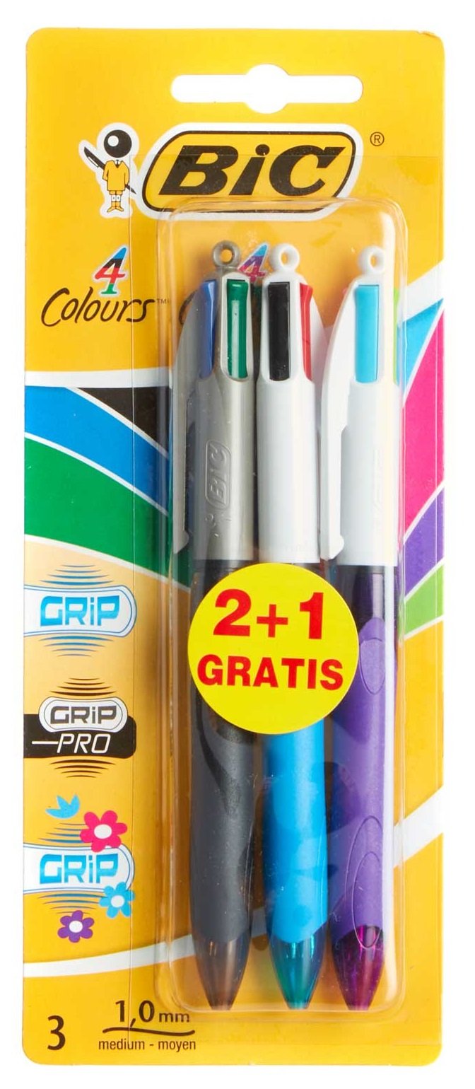 Bic Grip 4-Colours Retractable Pens [Pack of 3] - 1 Grip, 1 Pro, 1 Fun/Fashion Colours Medium 1.0mm