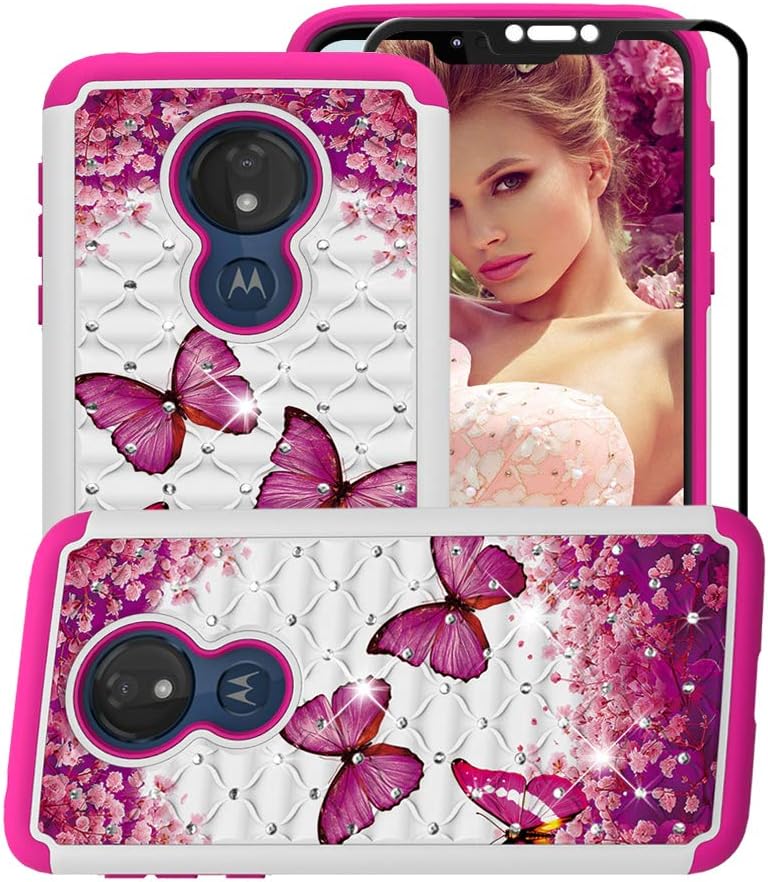 Strug for Moto G7 Power Case,[Tempered Glass Screen Protector] Dual Layer Bling Glitter Hybrid Shockproof Protective Cover Case for Motorola Moto G7 Power(Rose red Butterfly)
