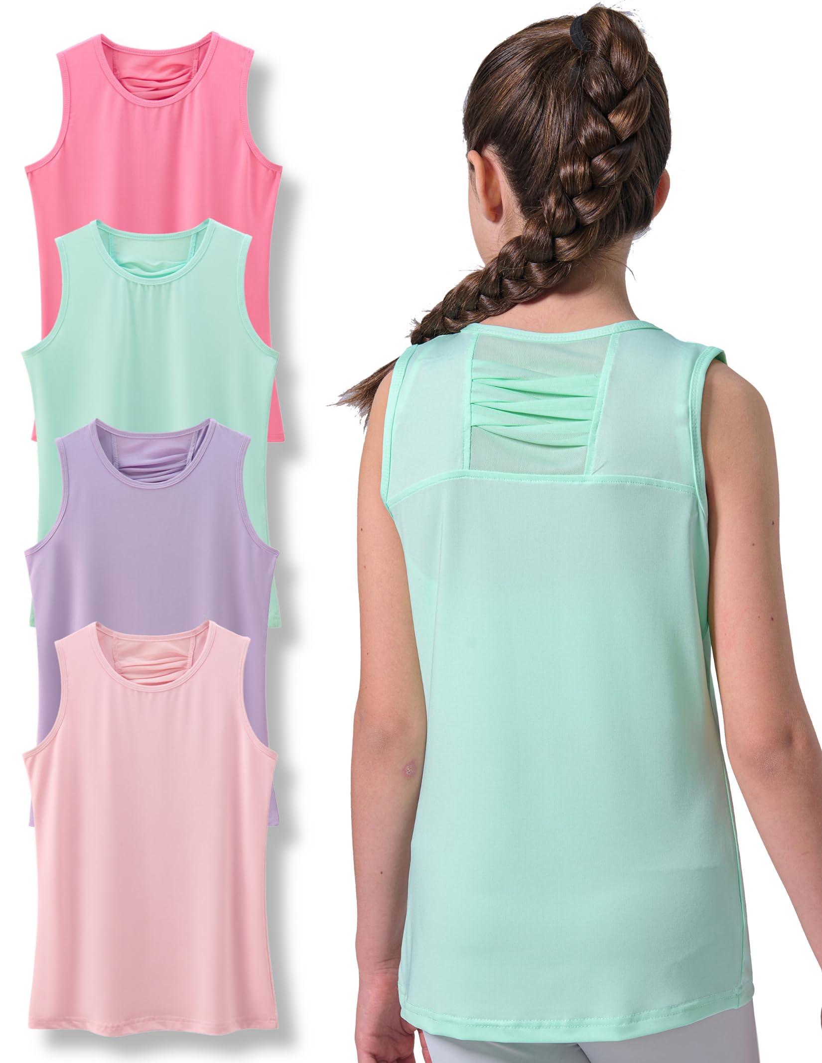 Photo 1 of 4 Pack Youth Girls Athletic Tank Tops Dry Fit Active Performance Tech Sleeveless Shirts (Set 6, Medium)